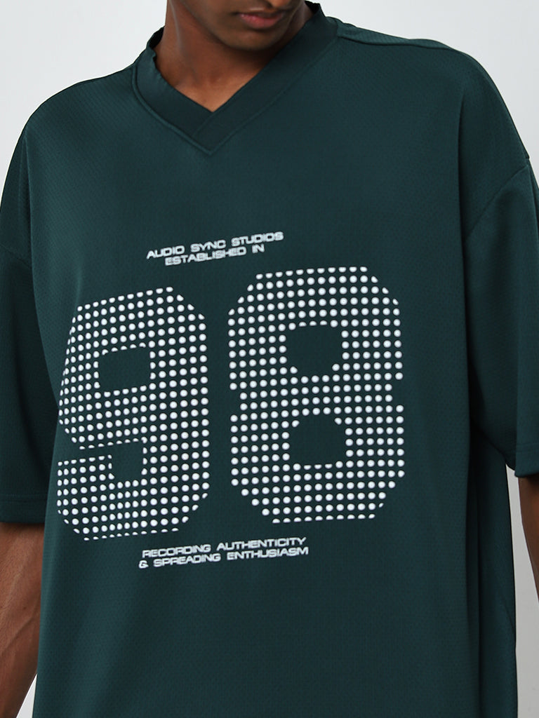 Nuon Dark Green Text Printed Relaxed-Fit T-Shirt