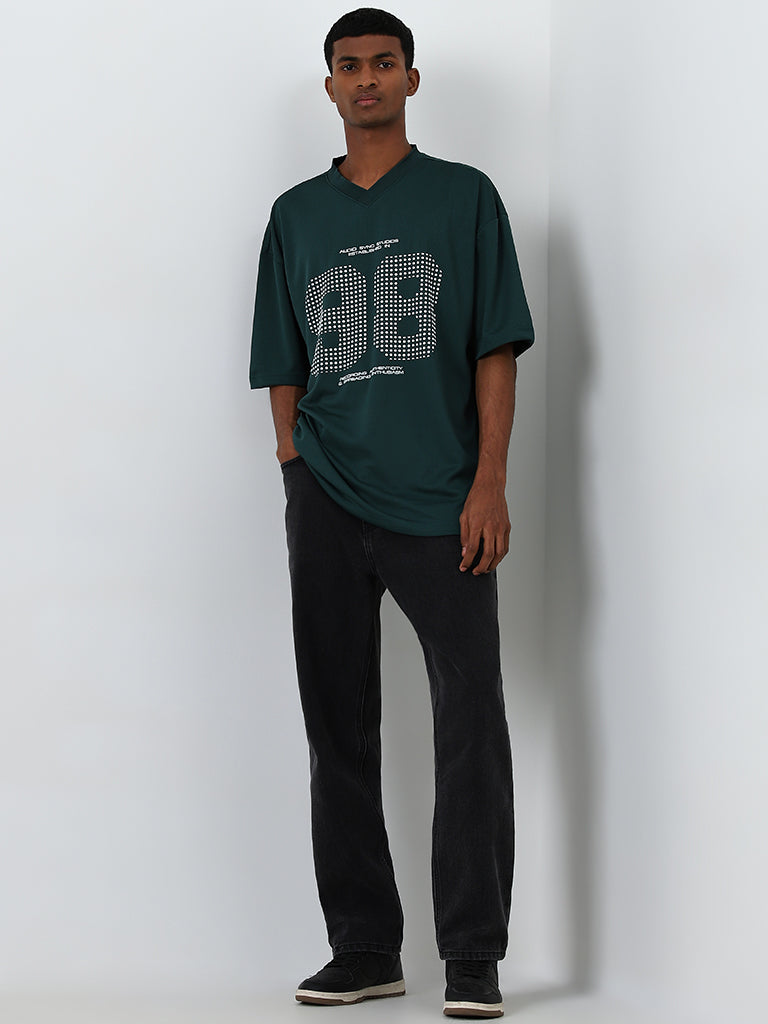 Nuon Dark Green Text Printed Relaxed-Fit T-Shirt