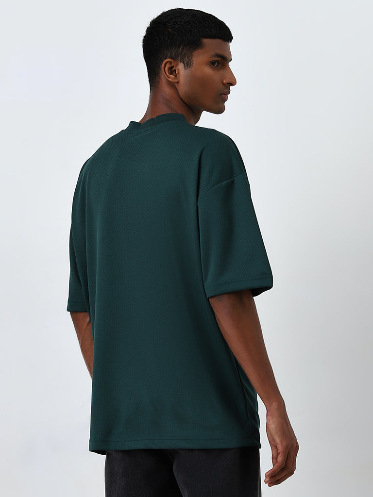 Nuon Dark Green Text Printed Relaxed-Fit T-Shirt