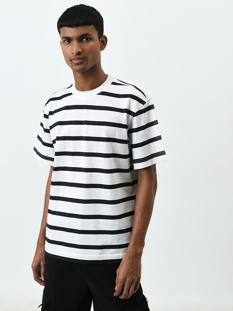 Nuon Black Striped Relaxed-Fit Cotton T-Shirt