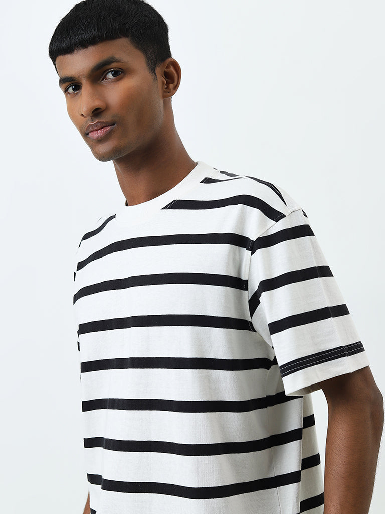 Nuon Black Striped Relaxed-Fit Cotton T-Shirt