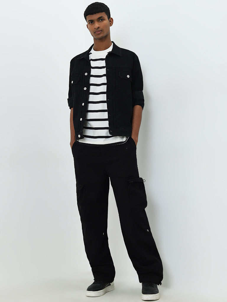 Nuon Black Striped Relaxed-Fit Cotton T-Shirt