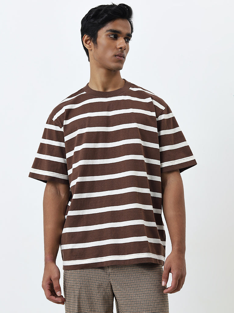 Nuon Brown Striped Relaxed-Fit Cotton T-Shirt