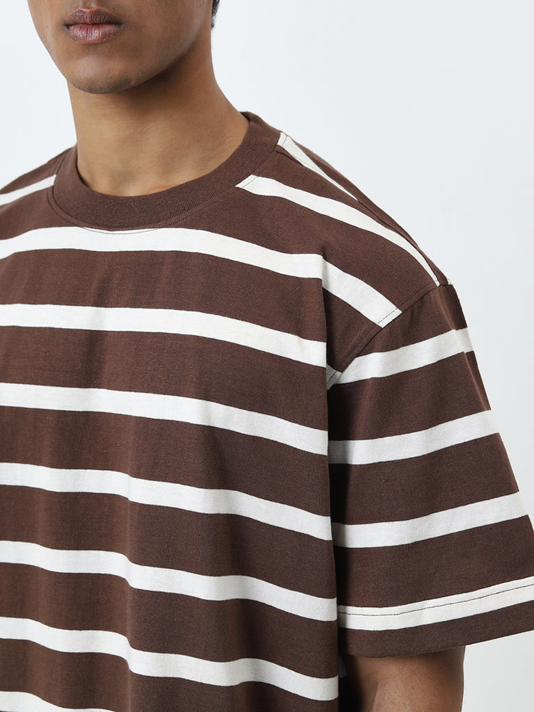 Nuon Brown Striped Relaxed-Fit Cotton T-Shirt