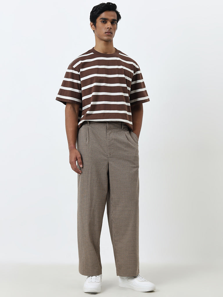 Nuon Brown Striped Relaxed-Fit Cotton T-Shirt