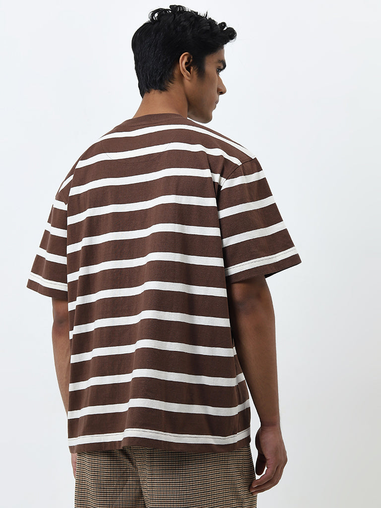 Nuon Brown Striped Relaxed-Fit Cotton T-Shirt