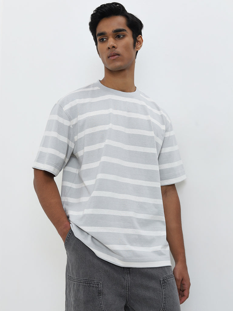 Nuon Grey Striped Relaxed-Fit Cotton T-Shirt