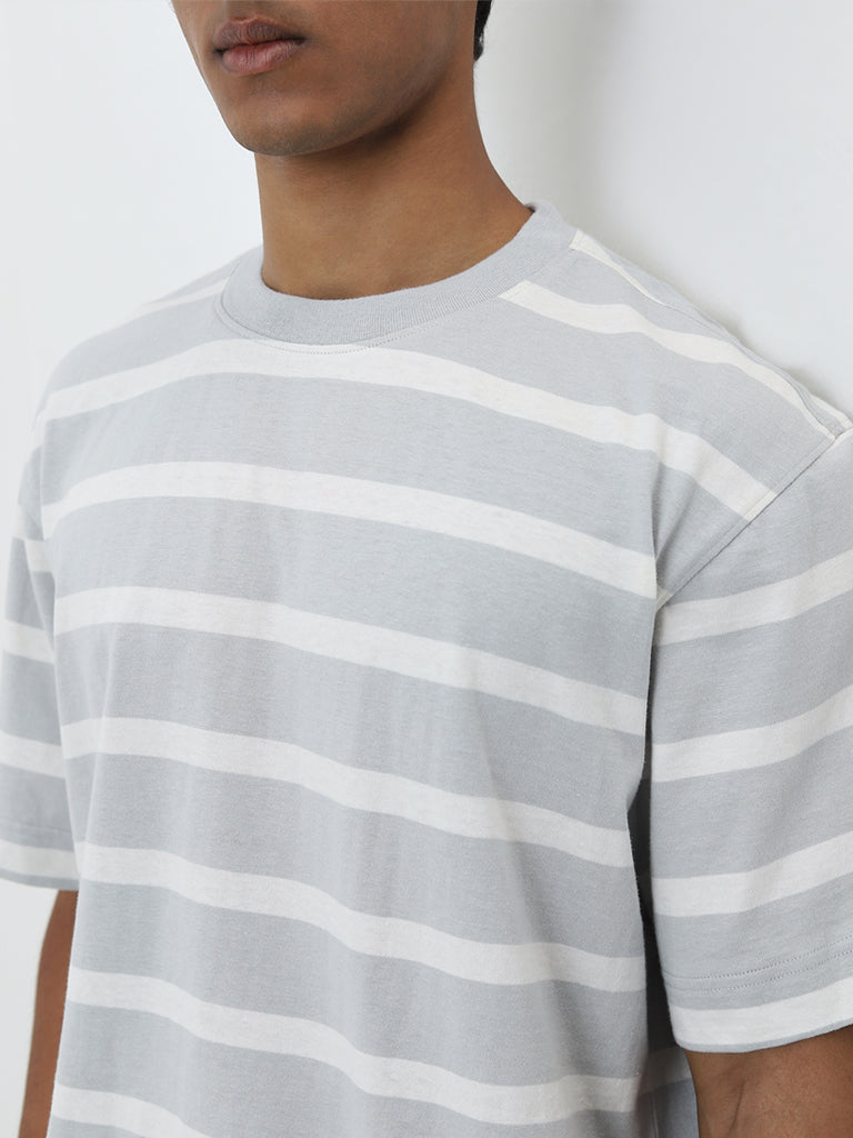 Nuon Grey Striped Relaxed-Fit Cotton T-Shirt