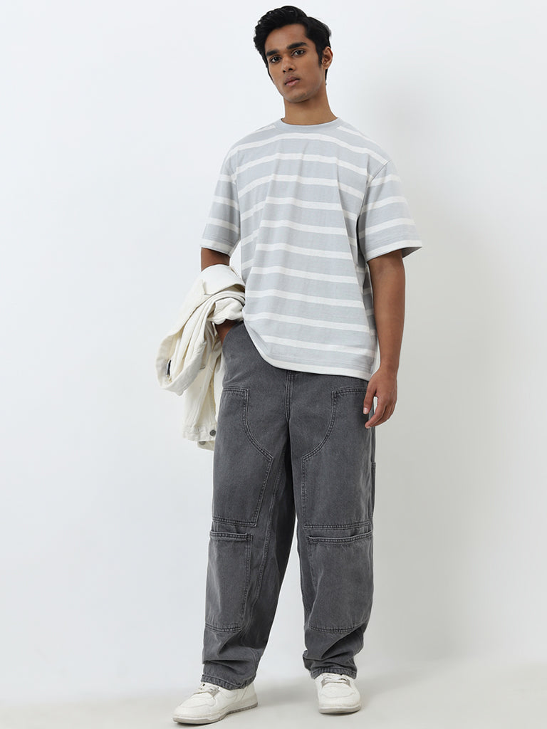 Nuon Grey Striped Relaxed-Fit Cotton T-Shirt