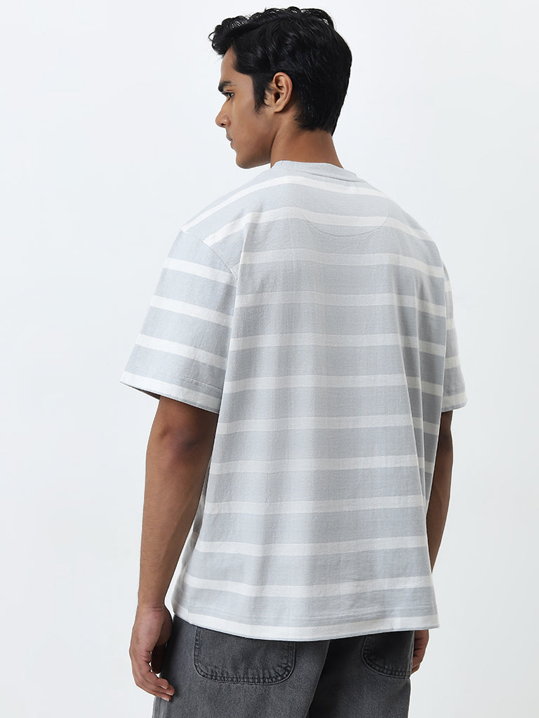 Nuon Grey Striped Relaxed-Fit Cotton T-Shirt