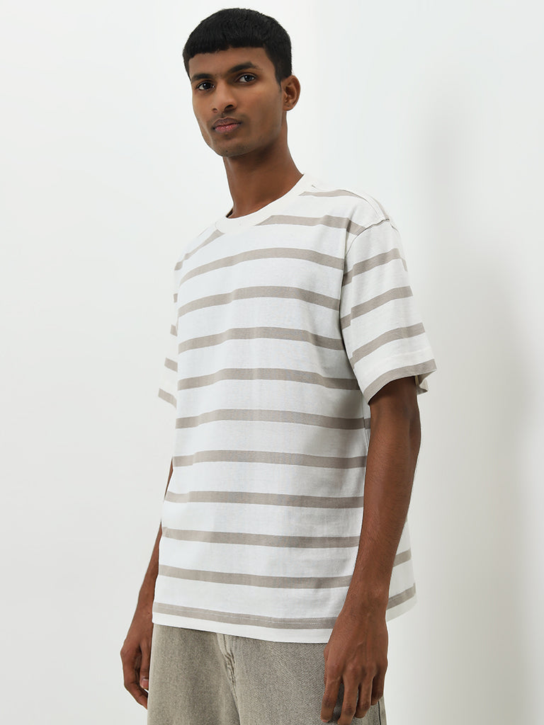 Nuon Taupe Striped Relaxed-Fit Cotton T-Shirt