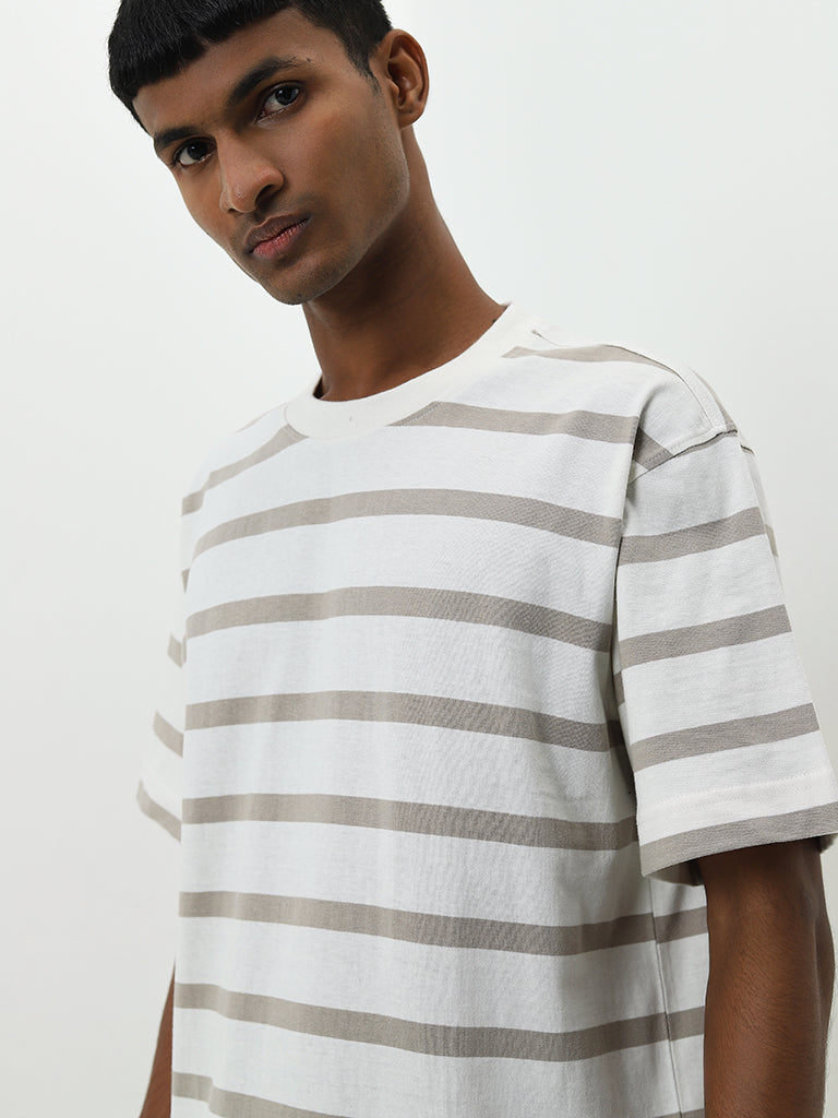 Nuon Taupe Striped Relaxed-Fit Cotton T-Shirt