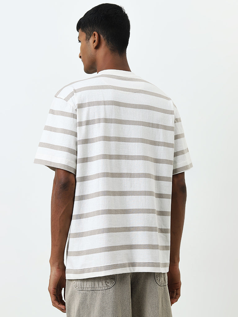 Nuon Taupe Striped Relaxed-Fit Cotton T-Shirt