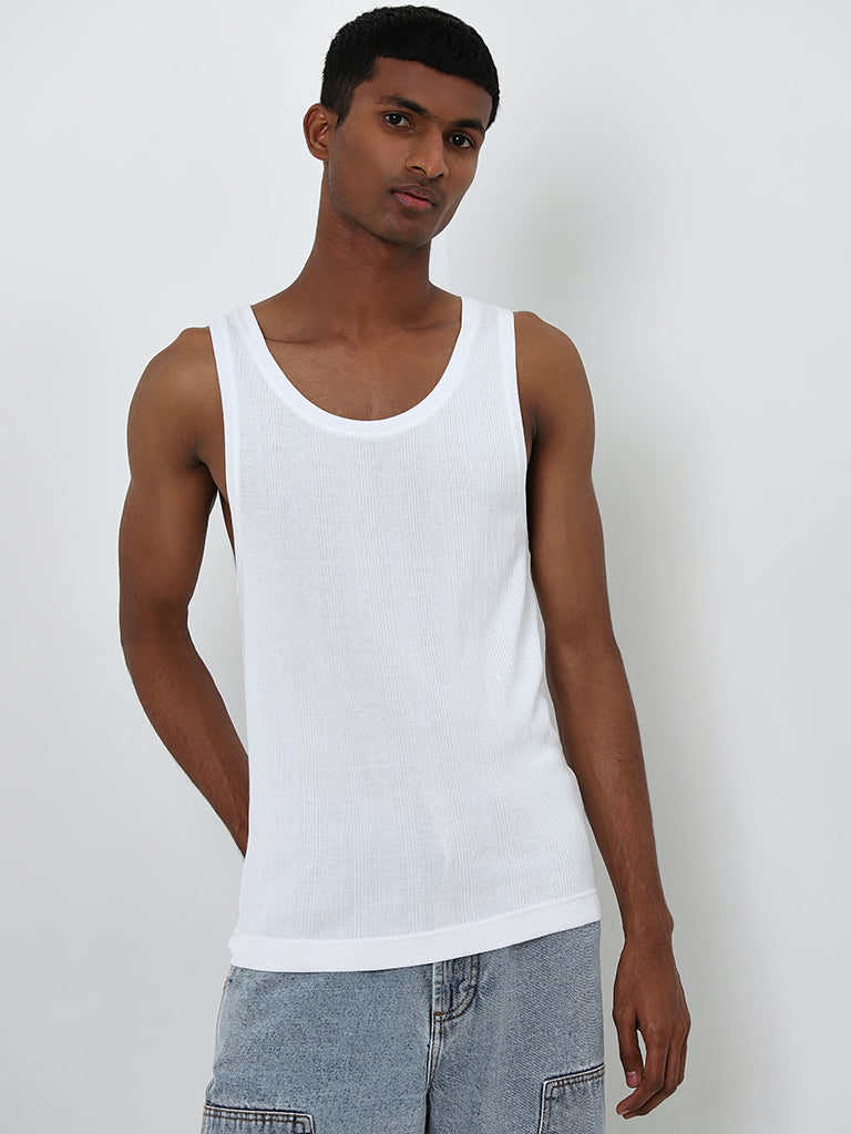 Nuon White Ribbed Textured Slim-Fit T-Shirt