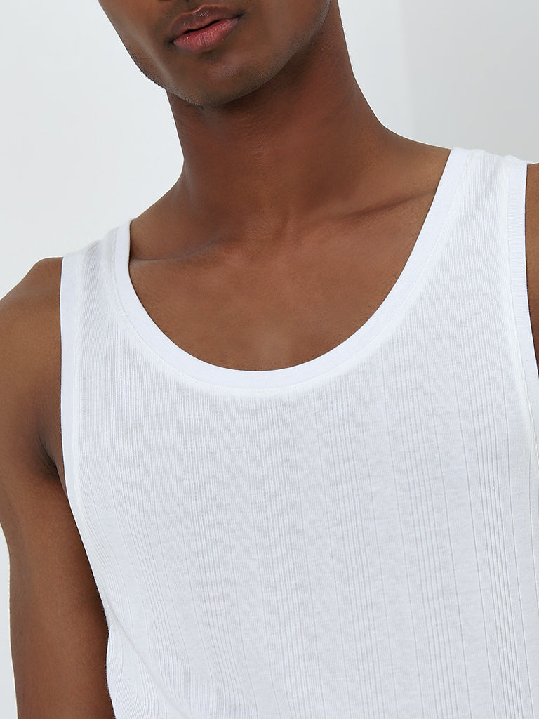 Nuon White Ribbed Textured Slim-Fit T-Shirt