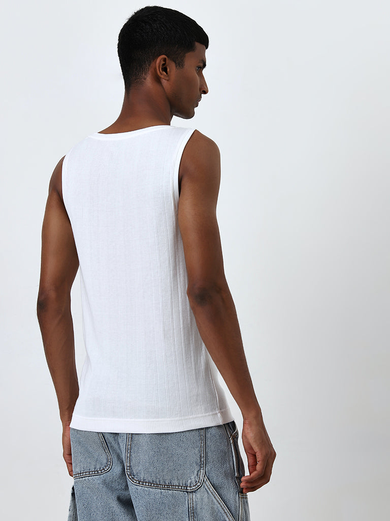 Nuon White Ribbed Textured Slim-Fit T-Shirt