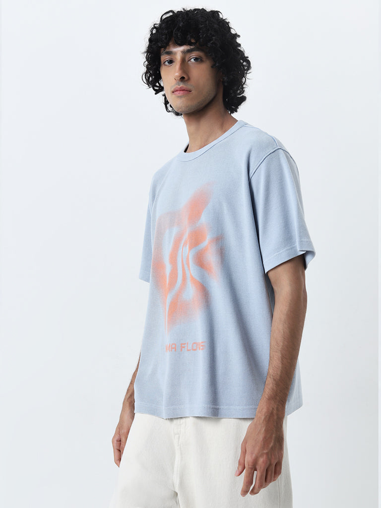 Nuon Light Blue Abstract Printed Relaxed-Fit Cotton T-Shirt