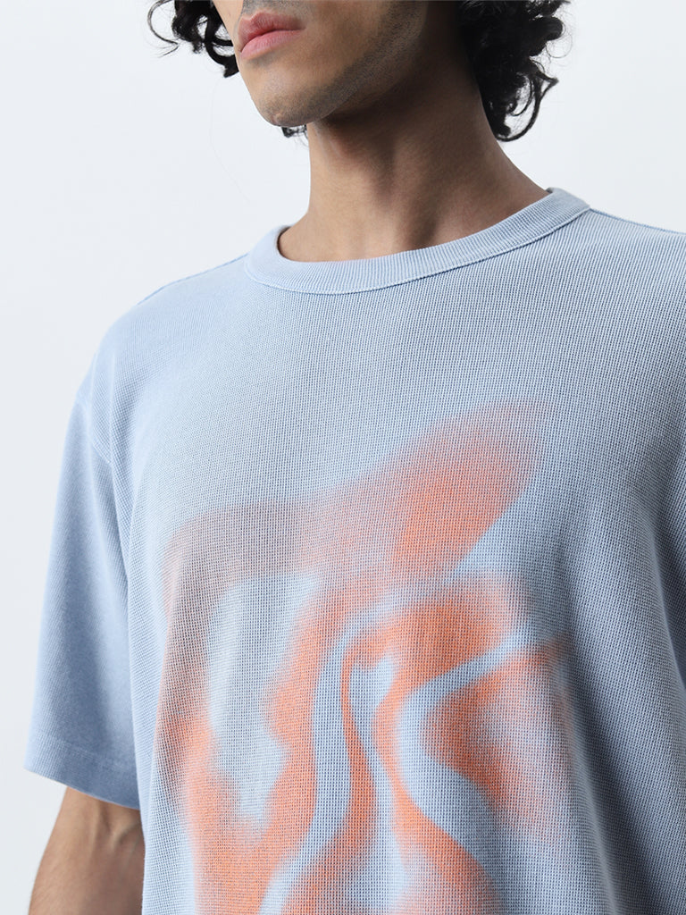 Nuon Light Blue Abstract Printed Relaxed-Fit Cotton T-Shirt