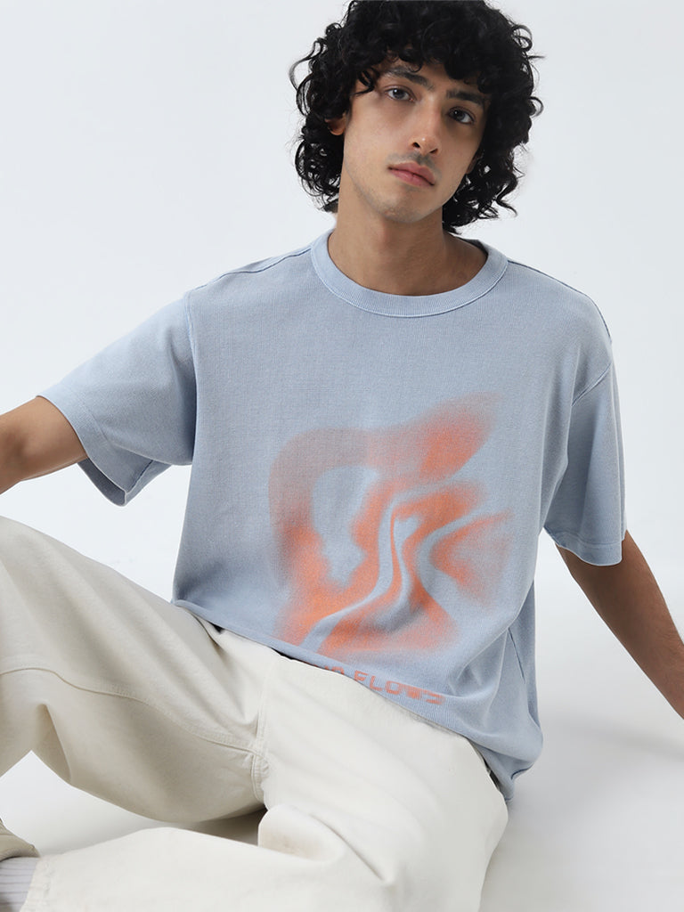 Nuon Light Blue Abstract Printed Relaxed-Fit Cotton T-Shirt