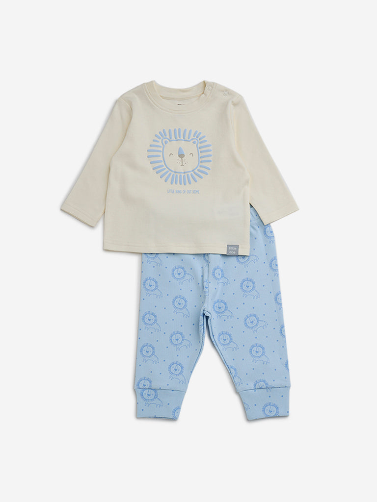 HOP Baby Light Blue Print Cotton Blend T-Shirt & Pants Set