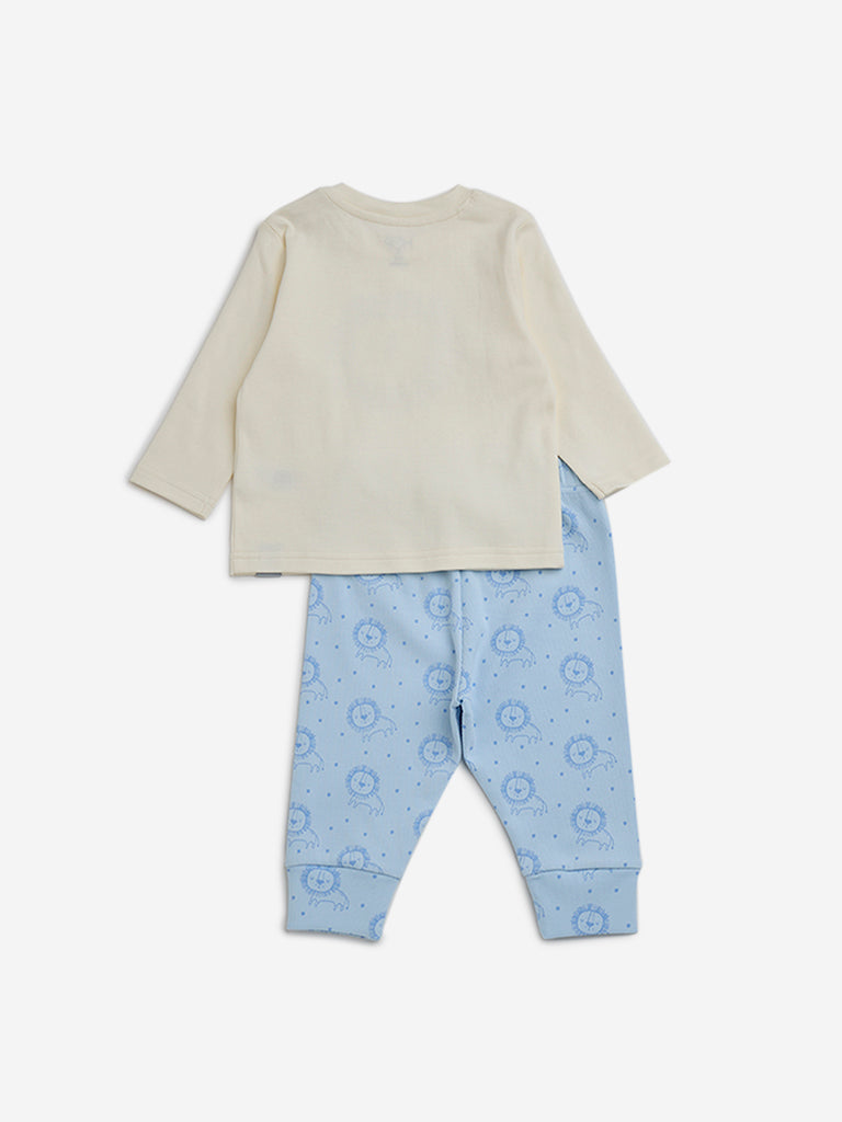 HOP Baby Light Blue Print Cotton Blend T-Shirt & Pants Set