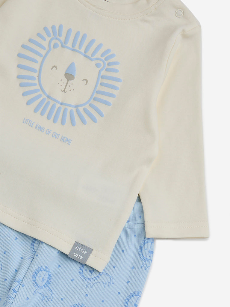 HOP Baby Light Blue Print Cotton Blend T-Shirt & Pants Set