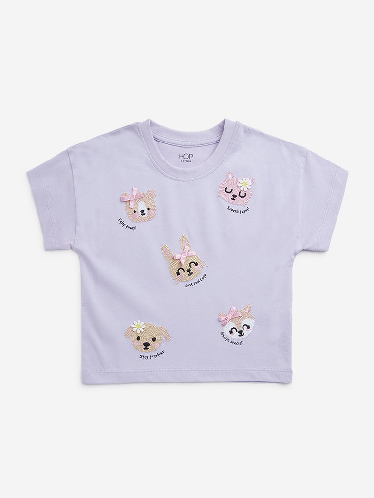 HOP Kids Lilac Animal Embroidered Cotton T-Shirt