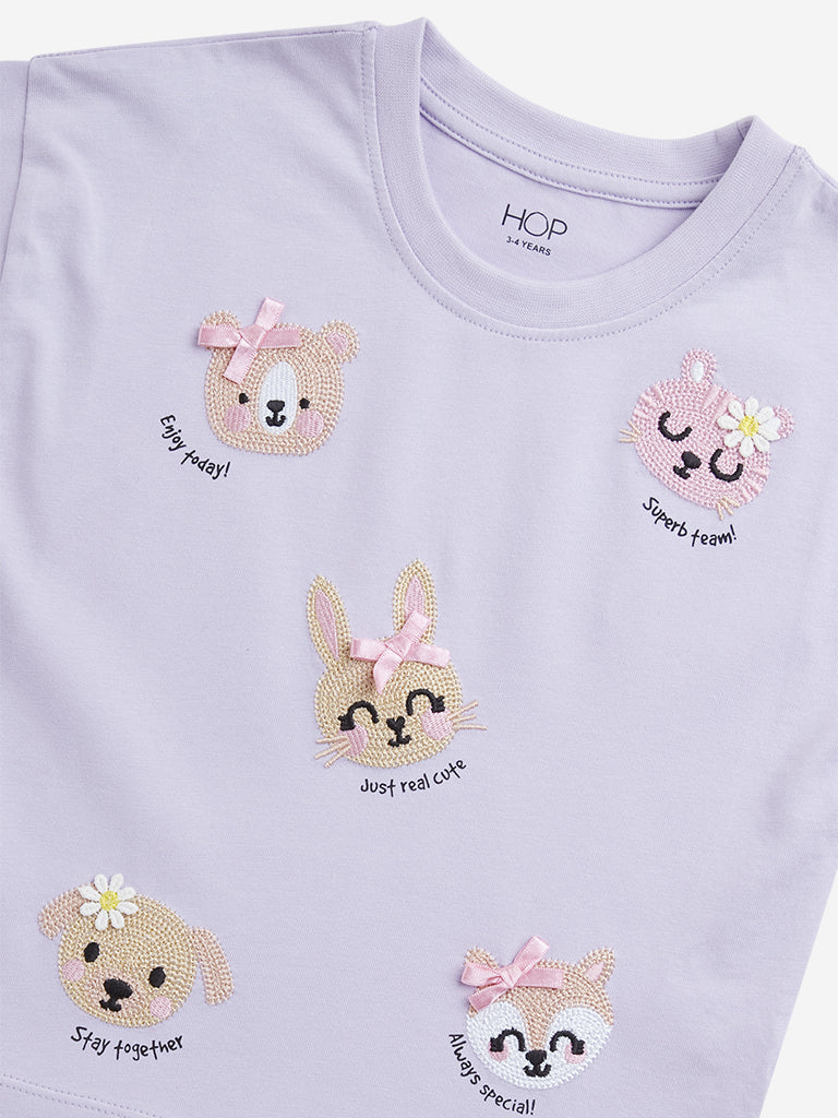 HOP Kids Lilac Animal Embroidered Cotton T-Shirt