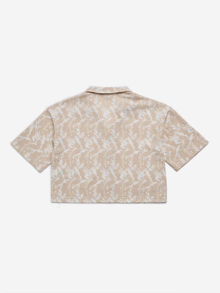 Y&F Kids Beige Leaf Print Crinkle Textured Shirt