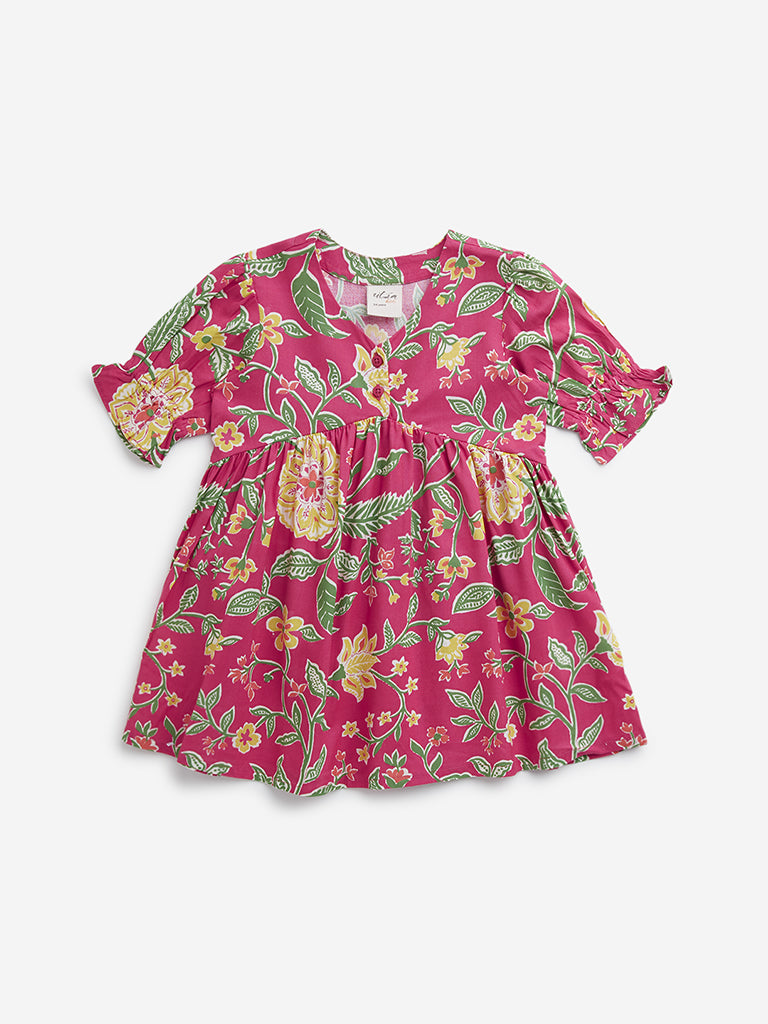 Utsa Kids Dark Pink Floral Printed Peplum Ethnic Top - (2 -8yrs)