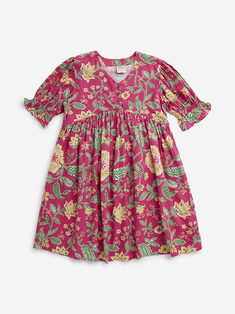 Utsa Kids Dark Pink Floral Printed Peplum Ethnic Top - (8 -14yrs)