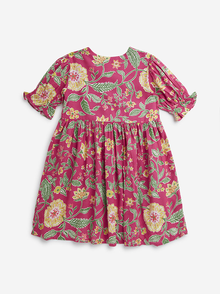 Utsa Kids Dark Pink Floral Printed Peplum Ethnic Top - (8 -14yrs)