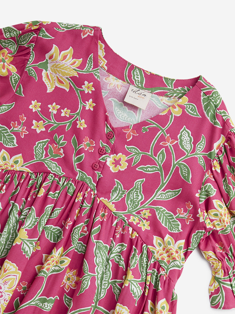 Utsa Kids Dark Pink Floral Printed Peplum Ethnic Top - (8 -14yrs)