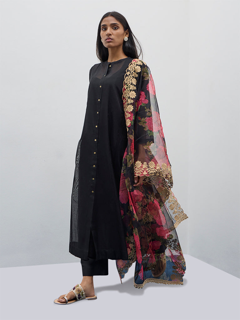 Vark Black A-Line Kurta, Inner, Pants and Dupatta Set