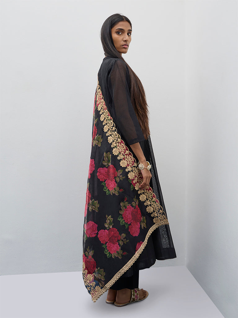 Vark Black A-Line Kurta, Inner, Pants and Dupatta Set