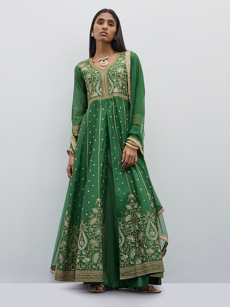 Vark Green Zari Embroidered Kurta, Skirt and Dupatta Set