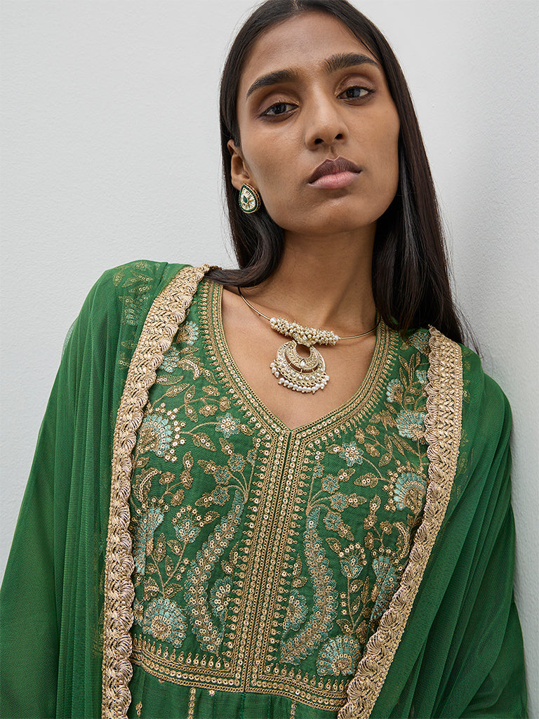 Vark Green Zari Embroidered Kurta, Skirt and Dupatta Set