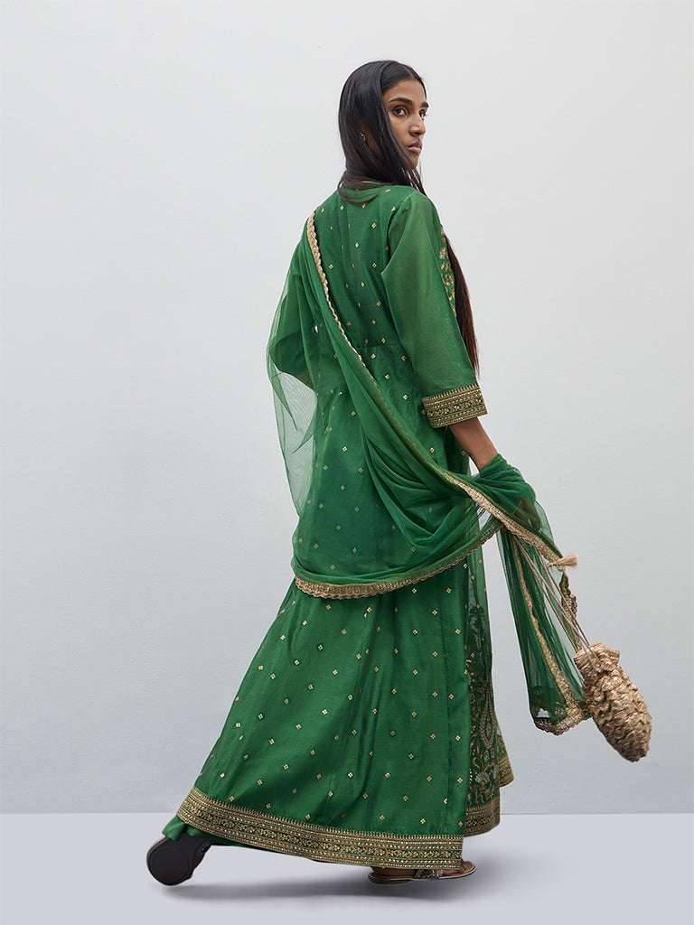 Vark Green Zari Embroidered Kurta, Skirt and Dupatta Set