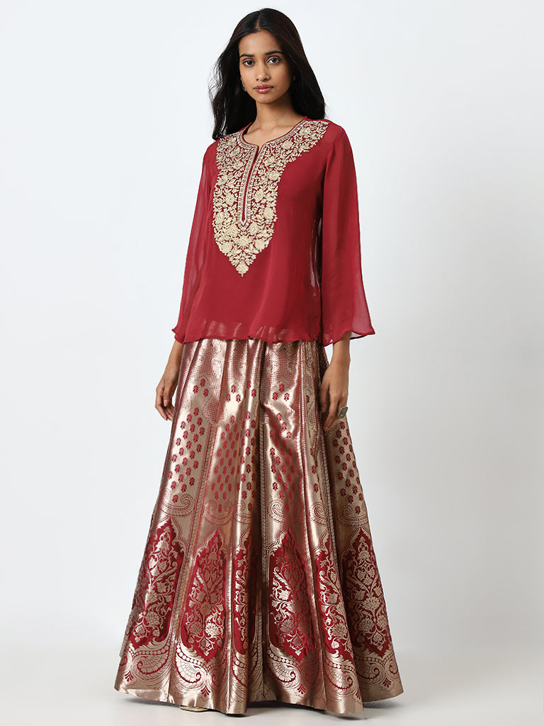 Vark Red Embroidered Top with Inner and Brocade Skirt Set