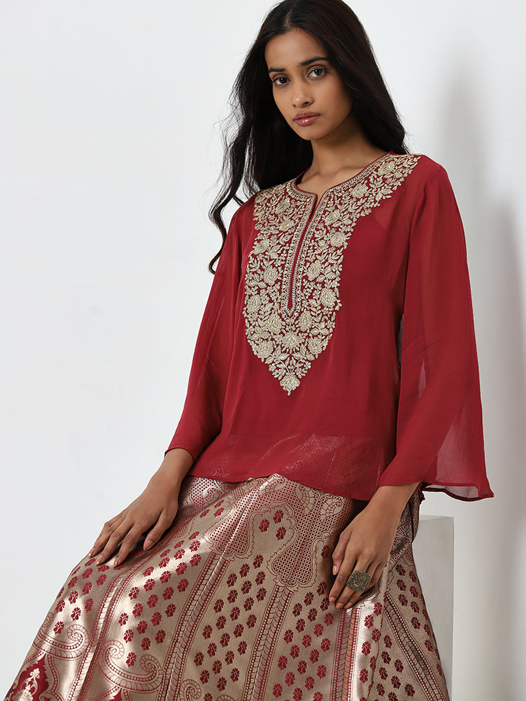 Vark Red Embroidered Top with Inner and Brocade Skirt Set