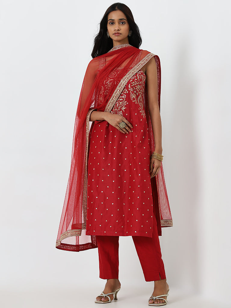 Vark Red Embroidered Straight Kurta, Pants and Dupatta Set