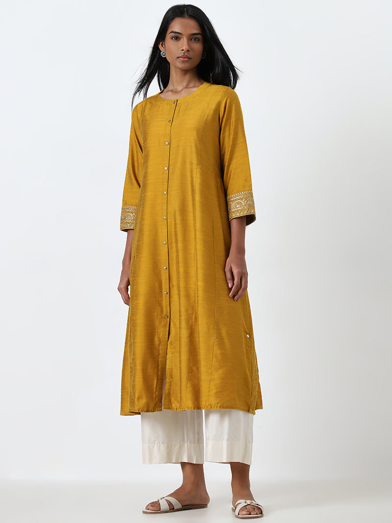 Utsa Mustard Embellished A-Line Kurta