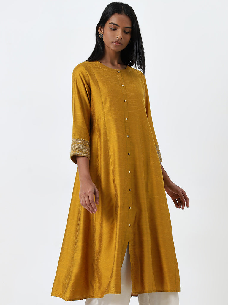 Utsa Mustard Embellished A-Line Kurta