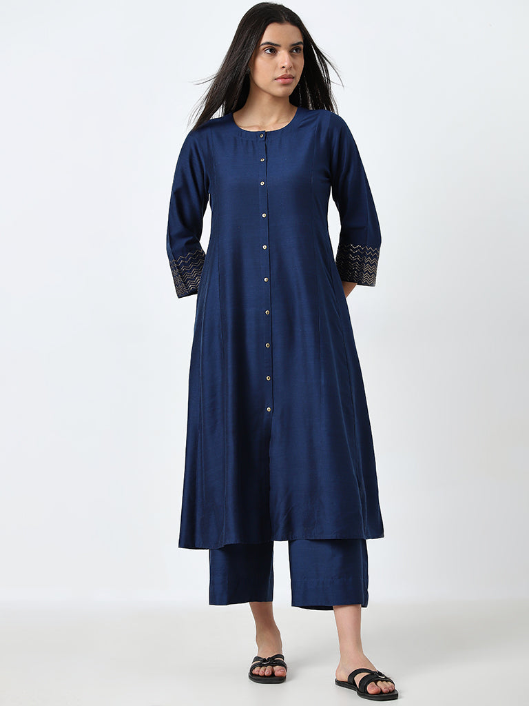 Utsa Navy Solid A-Line Kurta