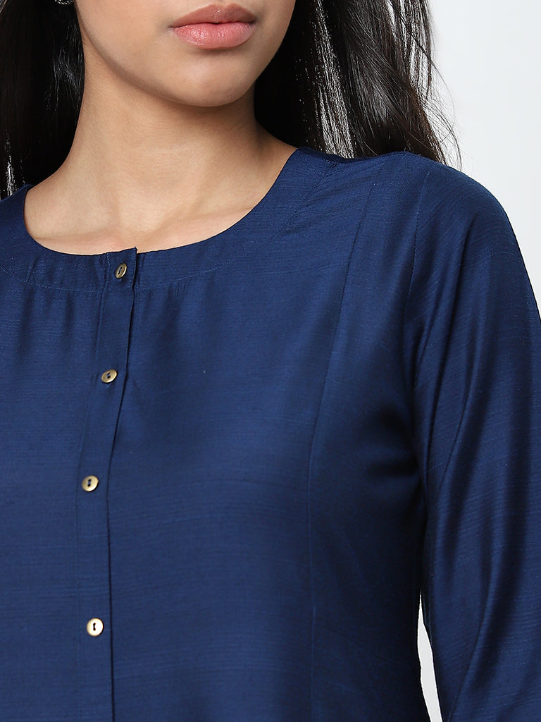 Utsa Navy Solid A-Line Kurta