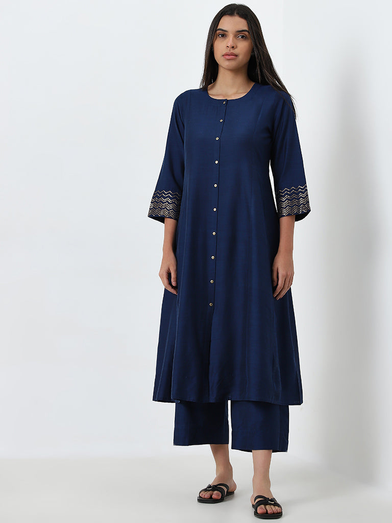 Utsa Navy Solid A-Line Kurta