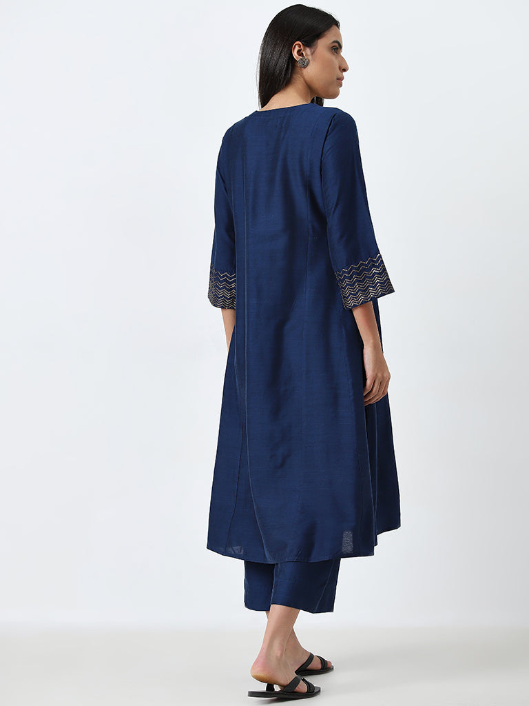 Utsa Navy Solid A-Line Kurta