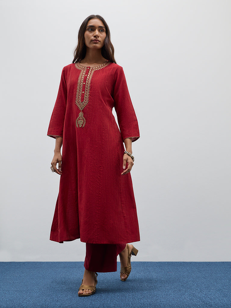 Utsa Red Zari Embroidered A-Line Kurta