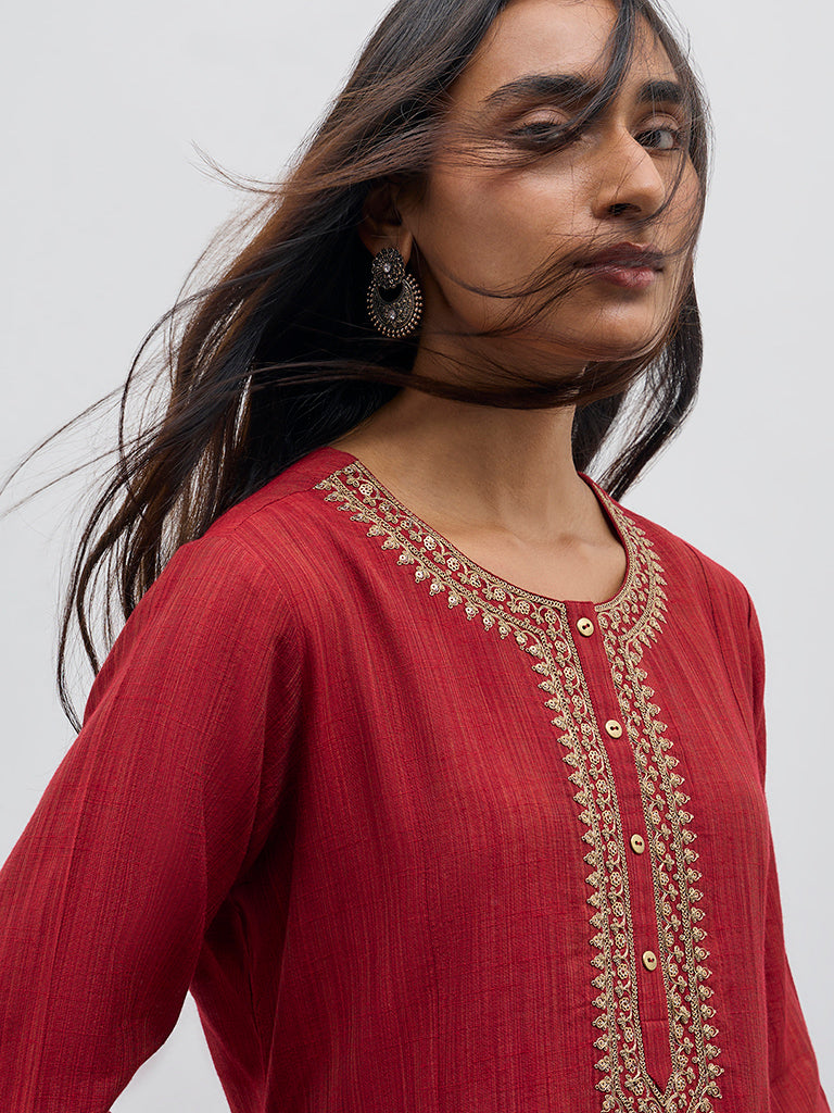 Utsa Red Zari Embroidered A-Line Kurta