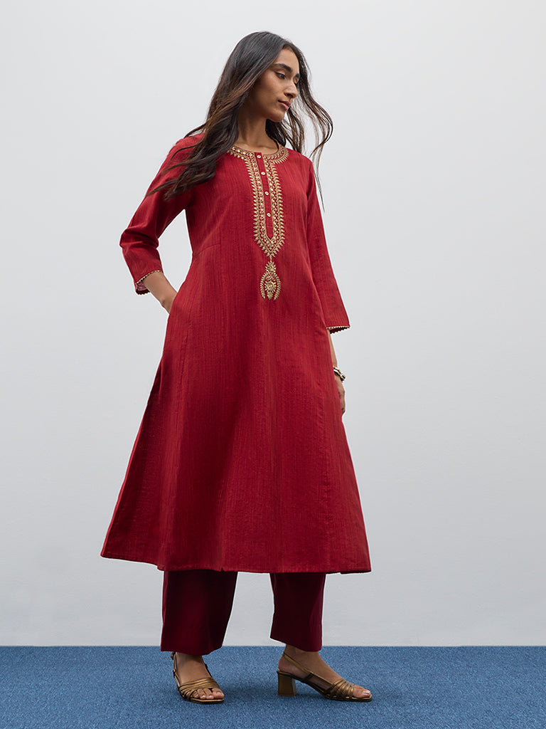 Utsa Red Zari Embroidered A-Line Kurta